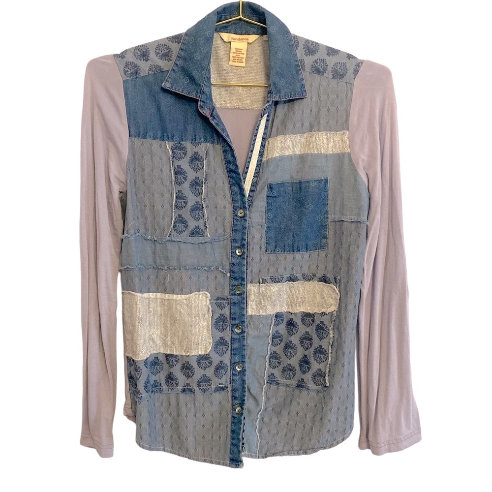 Sundance Button Down Patch Work Top Shirt Rollup … - image 1